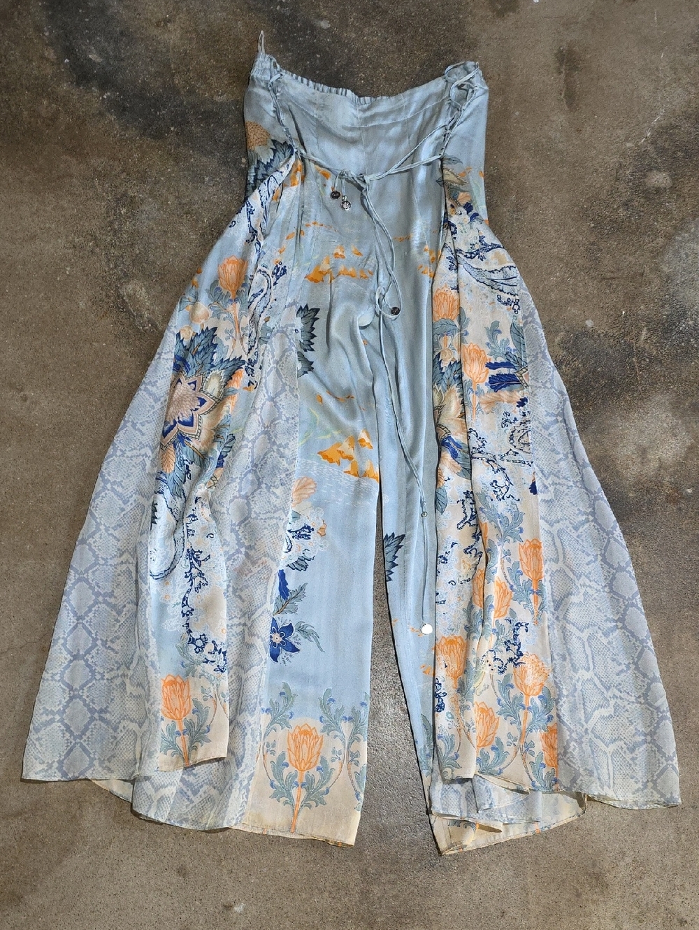 Camilla Silk Lace Up Light Blue Floral Flowing Pants